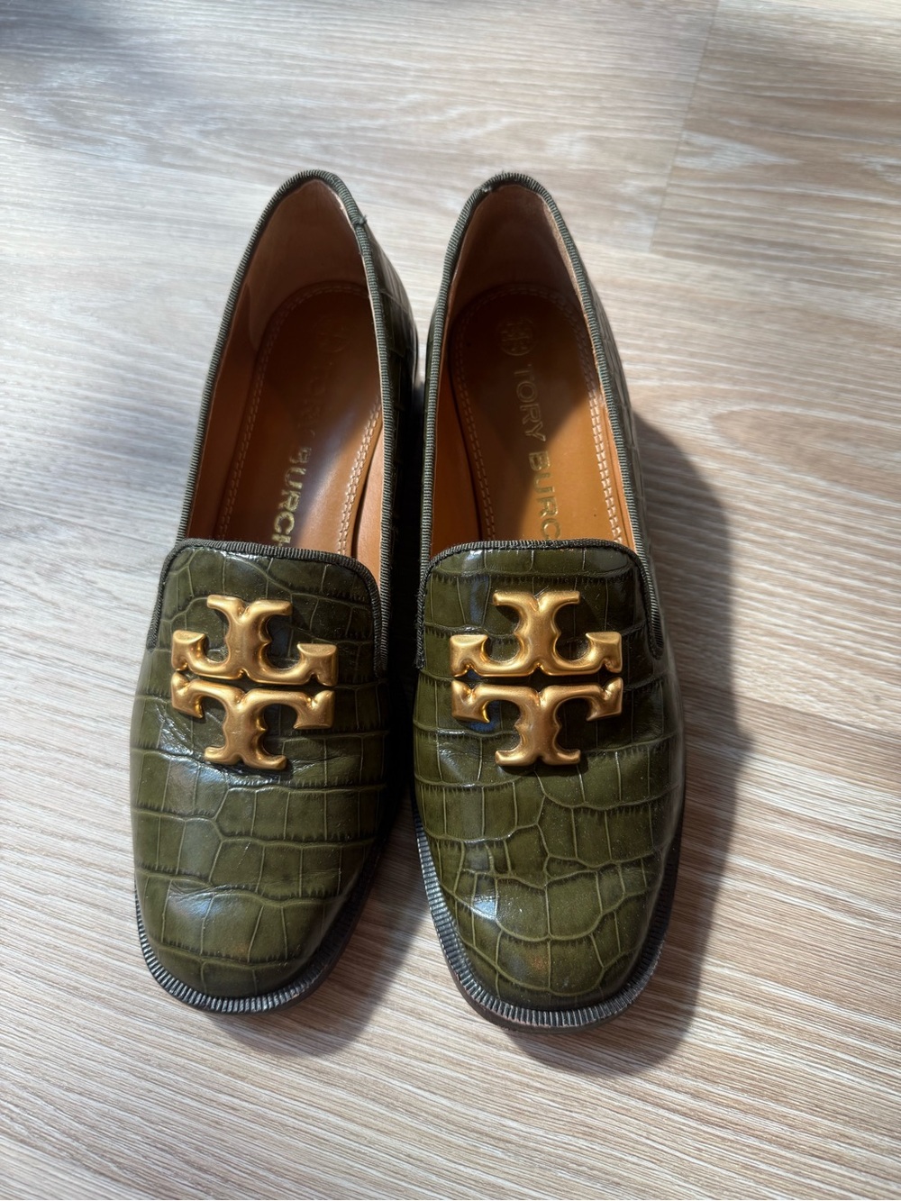 Tory Burch Olive Croc-Embossed Loafers with Gold Logo